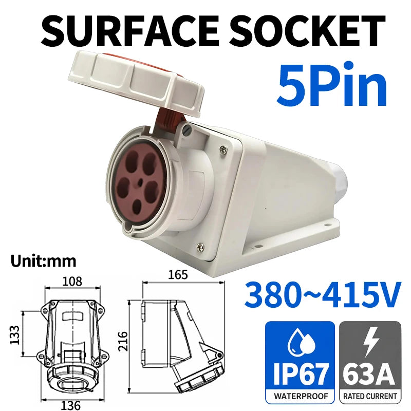 ឈុតរន្ធដោតឧស្សាហកម្ម IP67 63A 3/4/5 ម្ជុល 220V-415V ស្តង់ដារ CEE ប្រុស និងស្រី ជាមួយទំនាក់ទំនងស្ពាន់សុទ្ធ ផ្ទៃរាបស្មើ ឬរាបស្មើ
