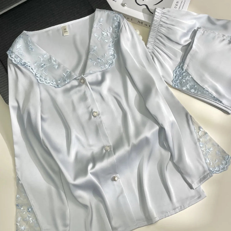 Embroidered Lace Lapel Pajama Sets Ice Silk Long Sleeve Trousers Suit Spring Autumn Women's Sleepwear Pyjama Home Suit For Women