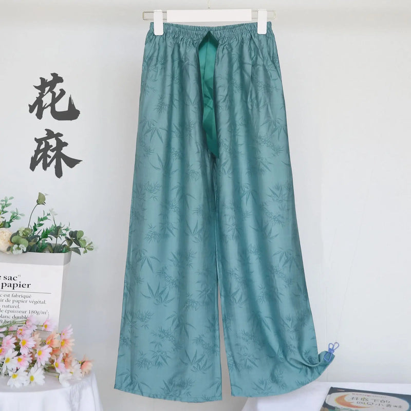 Spring Fall Cotton Linen Jacquard Sleepwear Retro Wide Leg Pants Casual Loose Versatile Home Pant Women Pajamas Trousers