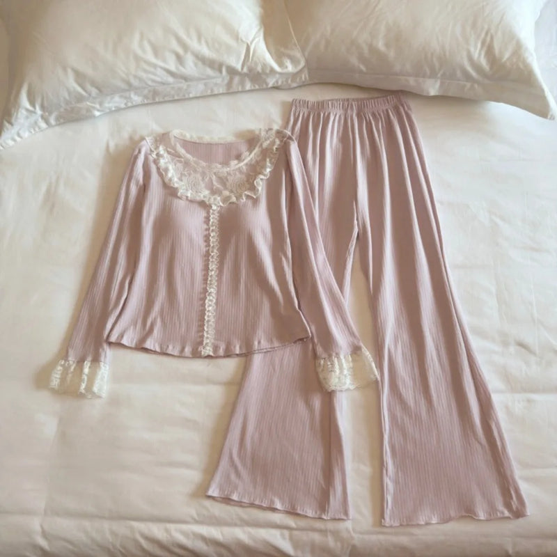 Autumn Sleepwear Woman Nightwear Chest Pads Two Piece Pajamas Set Lady Long-sleeved Trousers Home Clothes Pijama Soft Loungewear