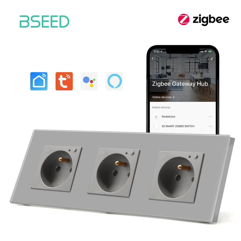BSEED ZigBee Smart FR Socket Double Powe Sockets Triple Wall French Oulets Work With Tuya Google Home Smart Life Alexa