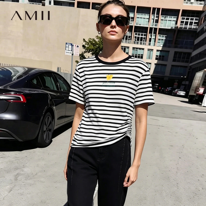 Amii Women's T-Shirt 2026 Summer New Round Neck Short Sleeve Versatile Tee Casual Color Block Stripe Printed Top Women 12622201