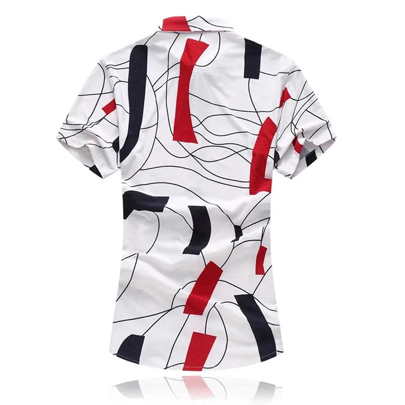 2026 Summer White Men's Stretch Short-sleeved Shirt, Navy Blue Single-breasted Collar Shirts, Beach Vacation Top, Asian Size