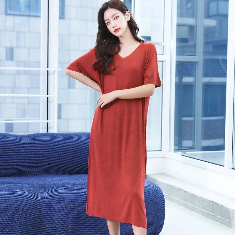 Loose Night Dress Women New V Neck Short Sleeve Sleepshirt Modal Comfortable Long Nightdress Oversize Nightgowns Female