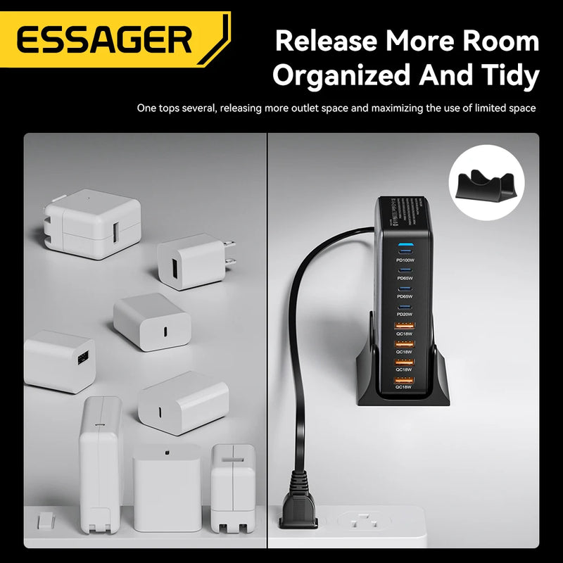ឆ្នាំងសាក Essager 320W GaN 8 រន្ធ USB ប្រភេទ C ស្ថានីយសាកថ្មលើតុ PD 100W សាកថ្មលឿនសម្រាប់ iPhone 17 16 15 iPad MacBook កុំព្យូទ័រយួរដៃ