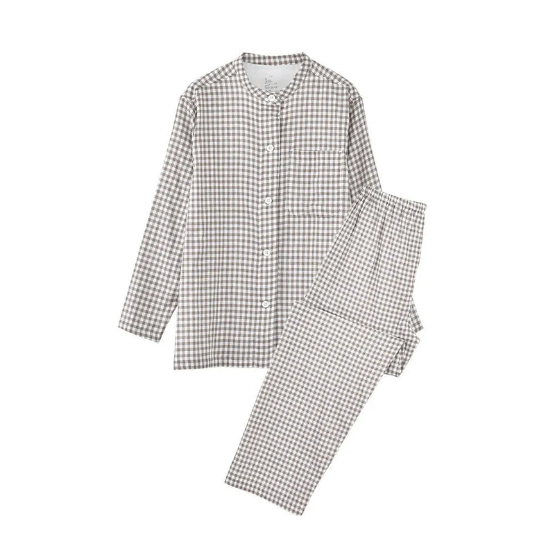 Japanese Spring Autumn Women's Pajamas Set Casual Plaid 100% Cotton Long Sleeve Sleepwear Pyjamas Female Lounge Night Suit