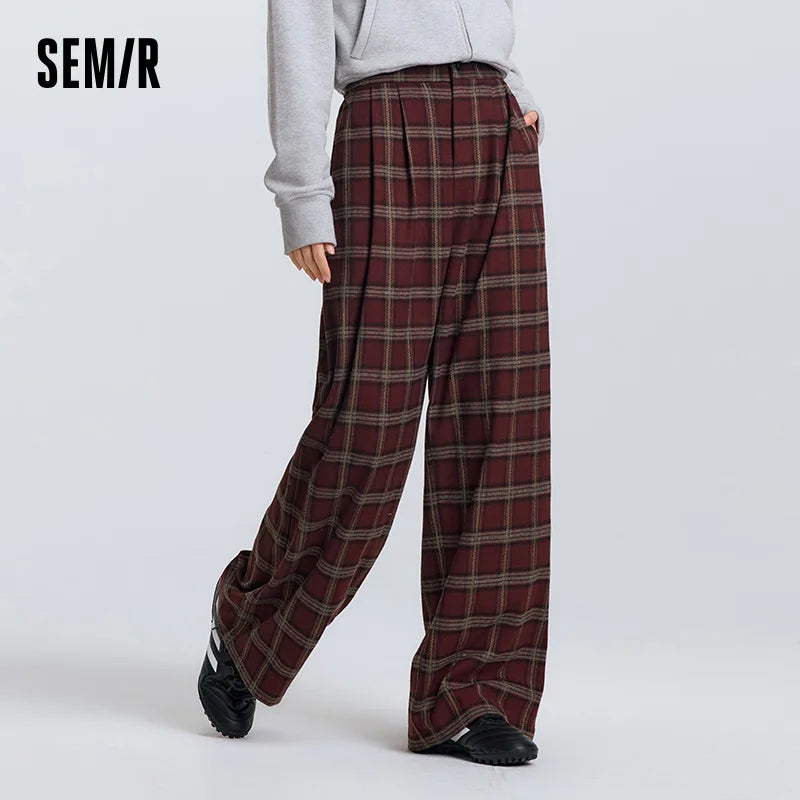 Semir Wide Leg Pants High Waist Pleated Elastic Waist Plaid Soft Comfortable Casual Streetwear Trendy Everyday Women Spring 2025