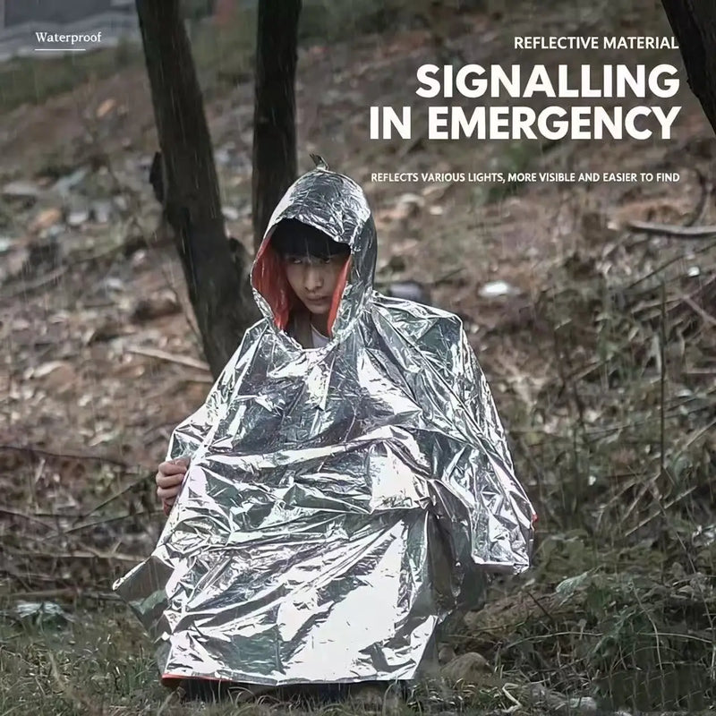 Long Thickened Emergency Rain Poncho Reflective Windproof Waterproof Portable Raincoat for Cycling Hiking Outdoor Camping