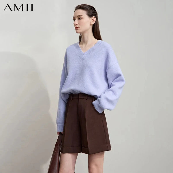AMII Women's Sweater 2026 Autumn New Casual V-neck Knitted Women's Clothing Long Sleeve Loose Versatile Basic Top Female12553039
