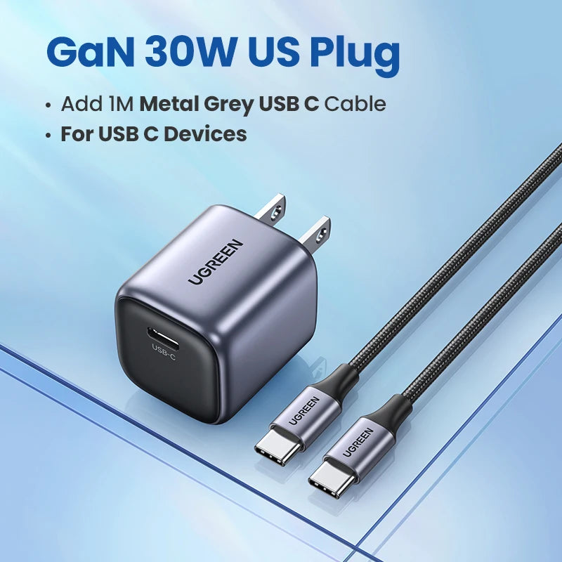 UGREEN GaN 30W Fast Charger With 1m 100W Cable for iPhone 15 14 13 PD3.0 Charger for iPad Pro Samsung Xiaomi USB C Phone Charger