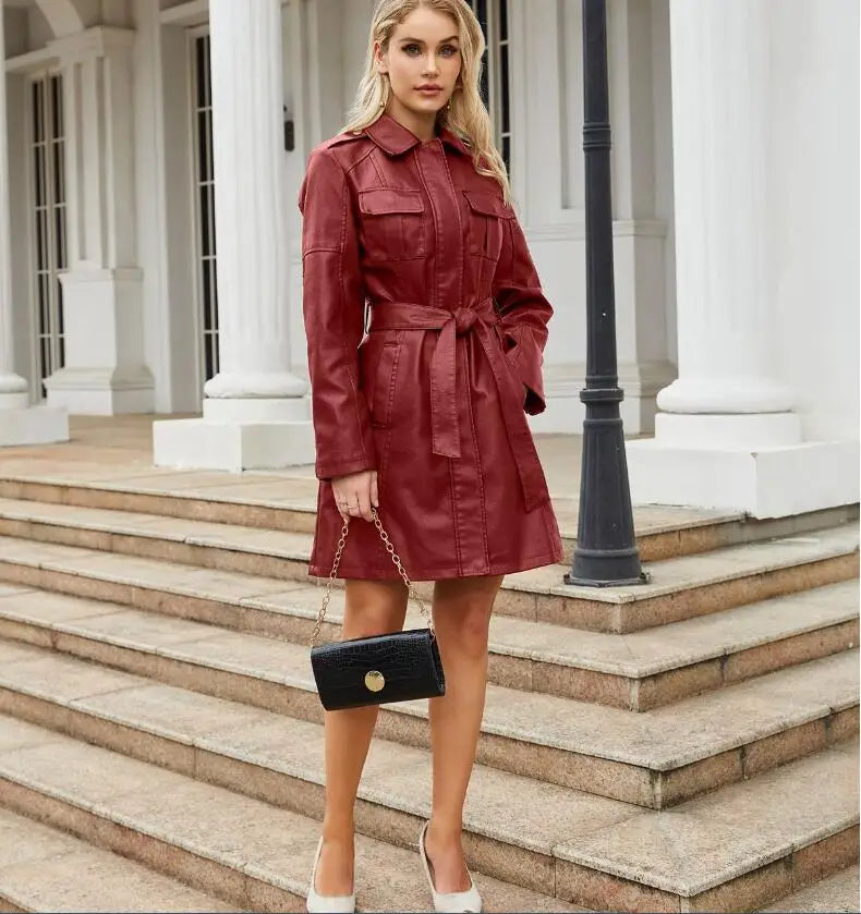 Women's Red Long Waist Lace-up Leather Jacket,2026 New Black Lapel PU Windbreaker Jacket Fashion Female Single-breasted Overcoat
