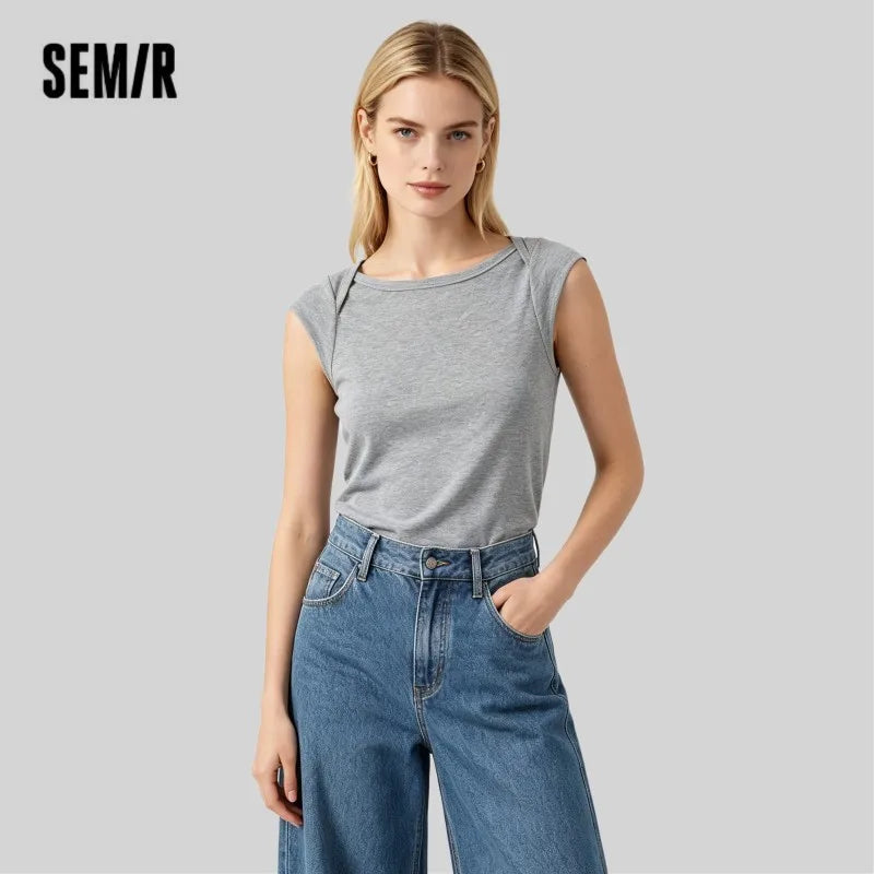 Semir Womens Tshirt 2026 Short Style Slash Neck Slim Solid Color Cool Feeling Casual Fashion