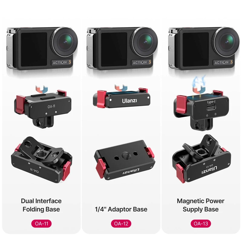 មូលដ្ឋាន បត់ បាន Ulanzi OA-11 Dual Interface សម្រាប់ DJI Osmo Action 3 ដែលអាចបត់បាន OA-13 មូលដ្ឋានផ្គត់ផ្គង់ថាមពលម៉ាញេទិកសម្រាប់ DJI Action 2