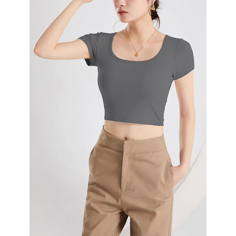 New Square Collar Bra Cup Integrated Slim Modal Sleepwear Vest One Piece Pajamas Women Comfortable Bottom Short Sleeve T-shirt