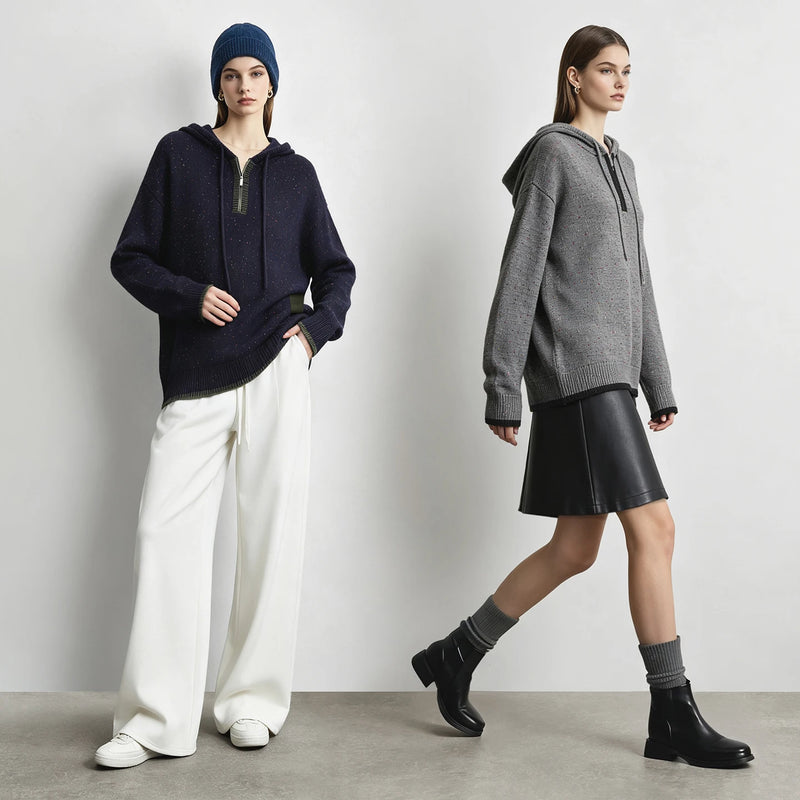 Amii Half-Zip Hooded Color Block Knit Pullover Drop Shoulder Loose Fit Casual Commuter 2026 Winter Women's Sweaters 12654035