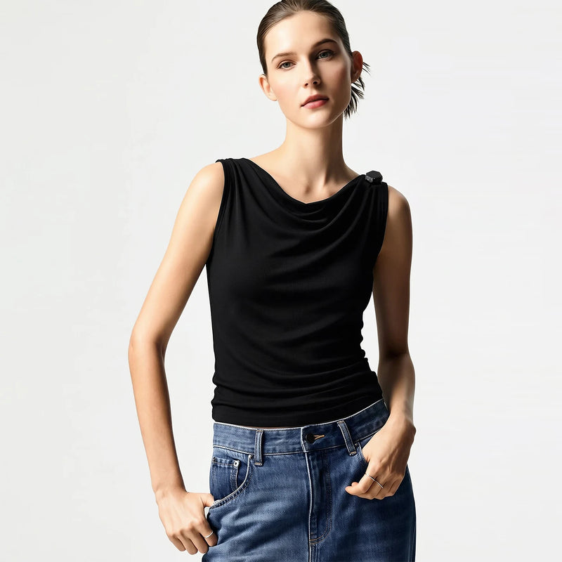 Amii Cowl Neck Women's Tank Top 2026 Summer New Stretch Knit Sleeveless Camisole Loose Casual Holiday Vest For Women 12622062