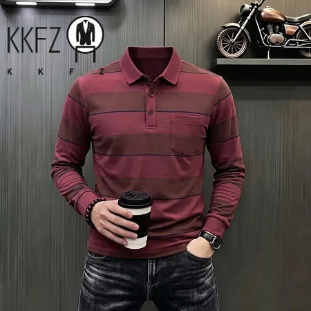 Business Casual Long Sleeve Striped Polo For Males Lapel Collar Soft Woven Fabric Neat Cut Travel Friendly Clothing