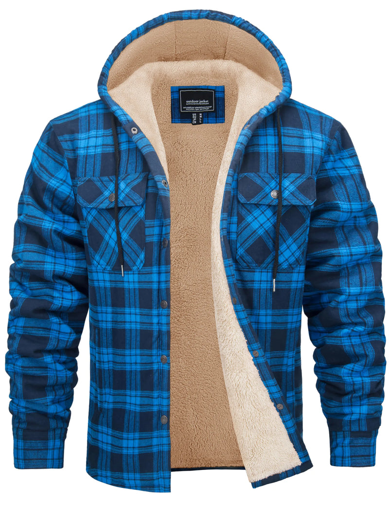 TACVASEN Mens Sherpa Lined Flannel Hoodies Jacket Heavyweight Hooded Fleece Thicken Warm Button Down Plaid Jacket Outwear Coats