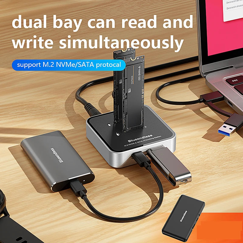 ស្ថានីយ៍ចត SSD ពិធីការ M.2 NVMe / SATA របស់ Blueendless Duay-Bay ជាមួយឧបករណ៍អាន SSD Hub ប្រភេទ C USB3.1 10Gbps ប្រអប់ SSD ខាងក្រៅ