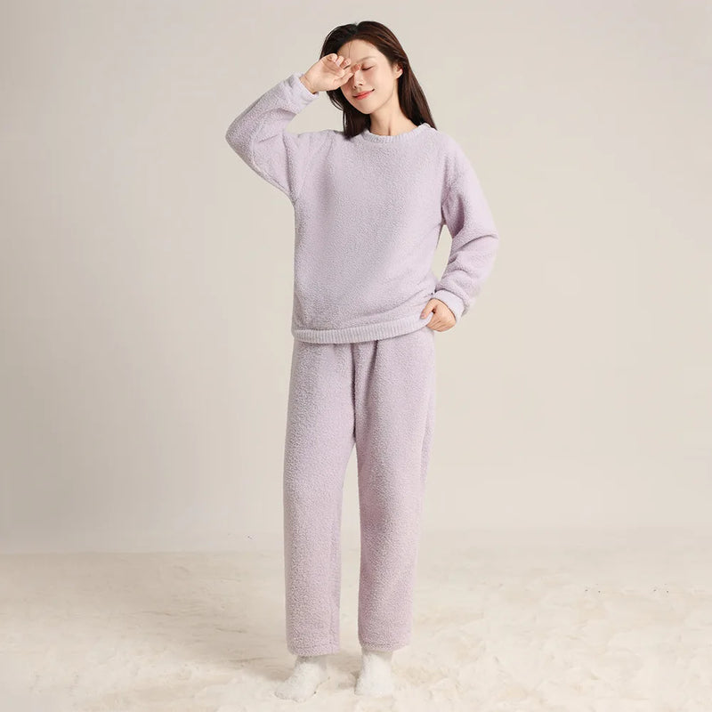 Couple Pajamas Set Coral Fleece Winter Warm Sleepwear Long Sleeve Thicken Women Pajama Loose Sleeping Clothes Home Wear Suit
