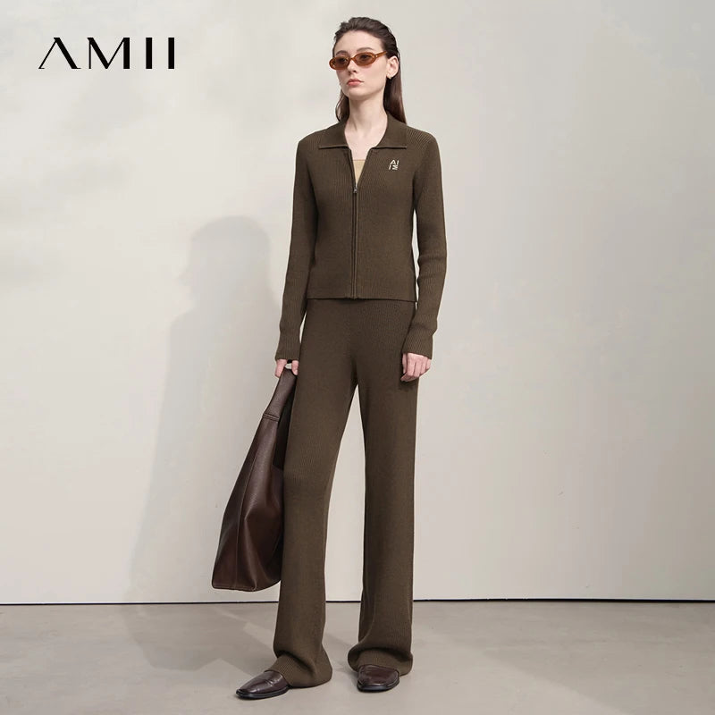 AMII Cardigan for Women 2026 Autumn New Minimalist Commuter Embroidery Versatile Slim Knitting Casual Wide-leg Trousers 12543128