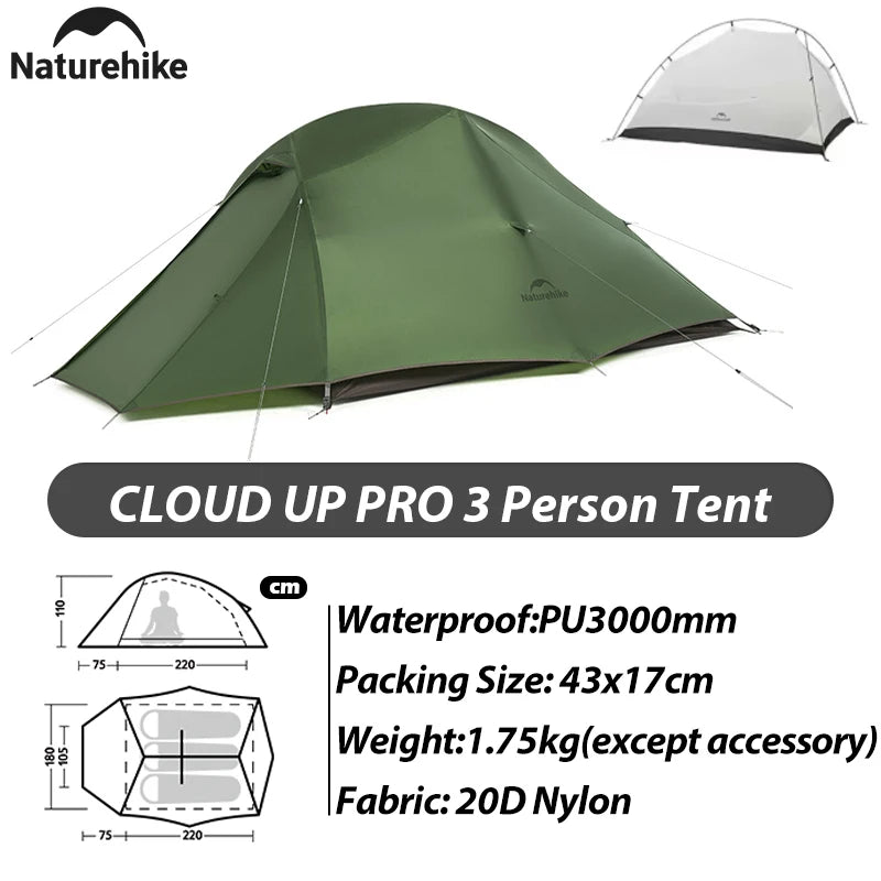 Naturehike 2025 New 123-Person 20D Cloud Up Pro Lightweight Portable Waterproof Backpacking Tent Outdoor Hiking and Camping Tent