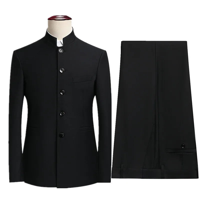 2026 Men's Gray Suit Two-Piece, China Style Single Breasted Lapel Jacket with Trousers, Asian Size Wedding/Party/Business Sets