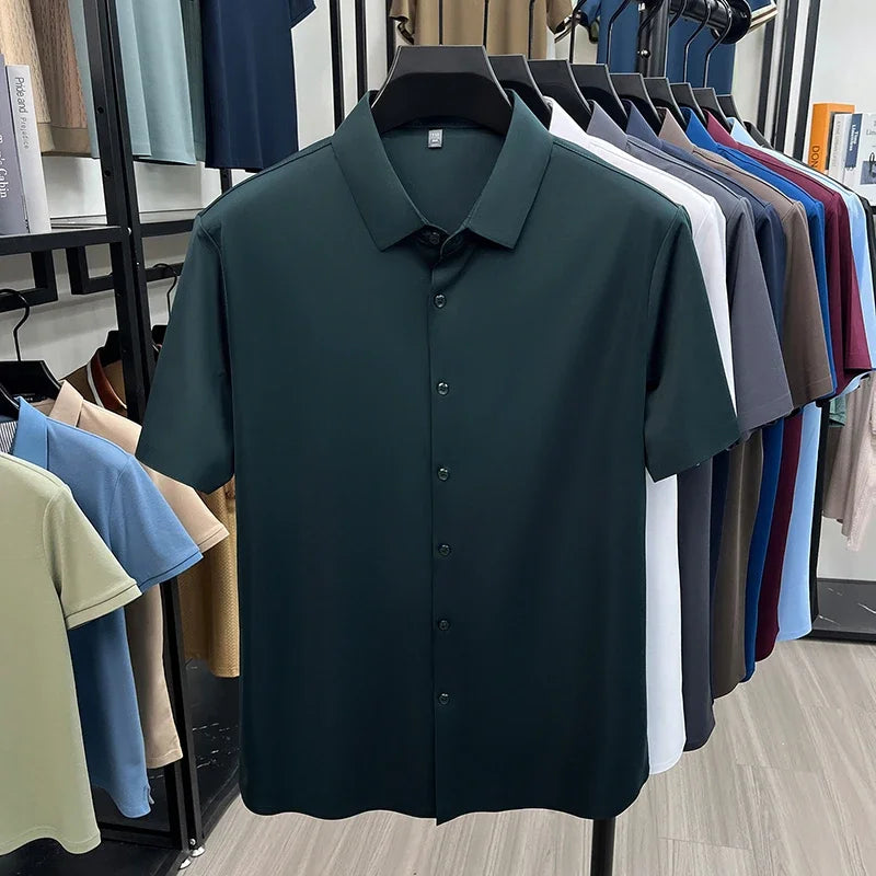 Men Summer Casual Short Sleeve Button Up Shirt Ice Silk Breathable Wrinkle Free Business Formal Shirt