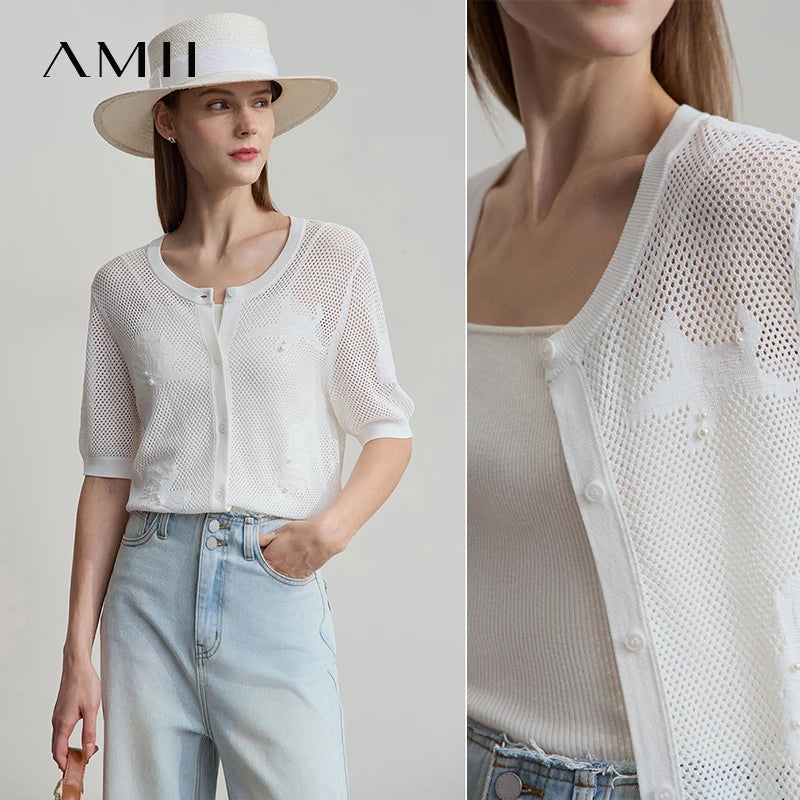 អាវយឺតការិយាល័យ AMII Minimalist Women 2025 ដៃខ្លីកមូល Jacquard រលុងប៉ាក់ Cardigan Woman Fashion 12552093