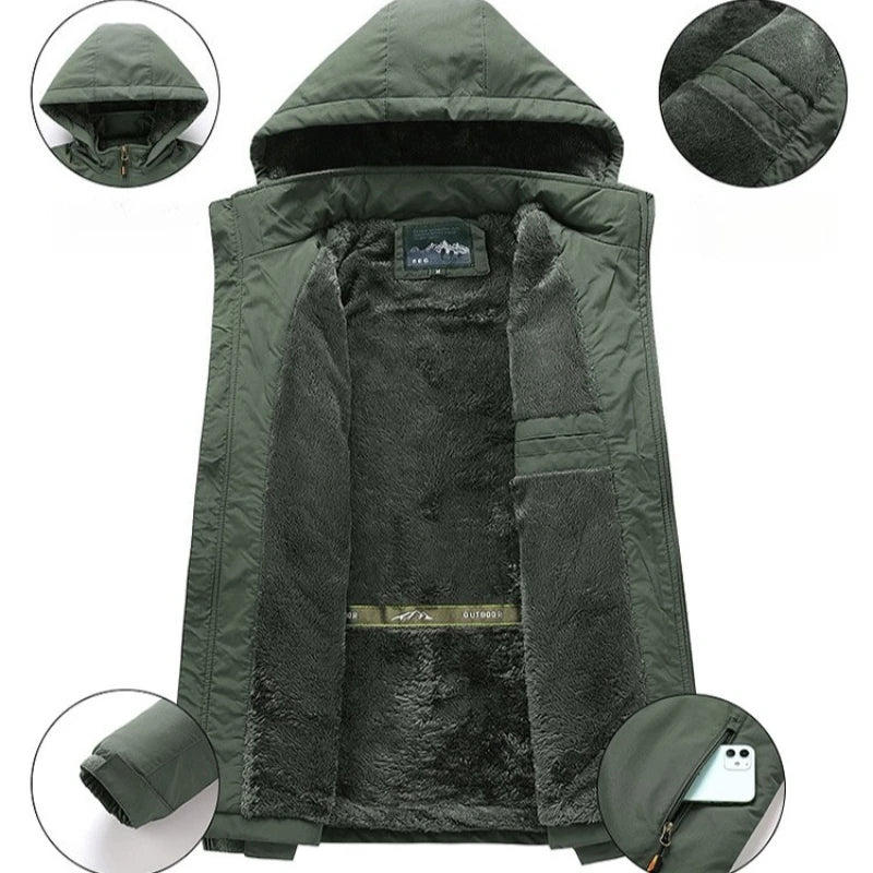 Men's Detachable Hood Jacket, Windproof Waterproof Outdoor Coat, Fleece-Lined Option, Army Green Khaki Navy Black