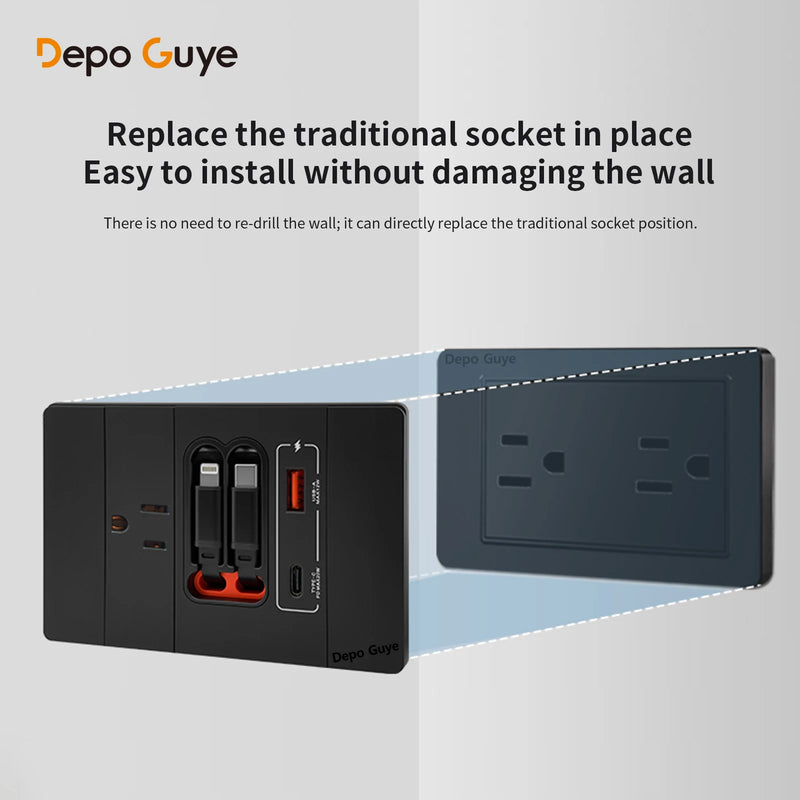 20W PD Fast Charge Socket with Double USB Charging,US/Thai /Italy Universal USB Type-C Wall Outlet Panel 120*79mm For Home Use