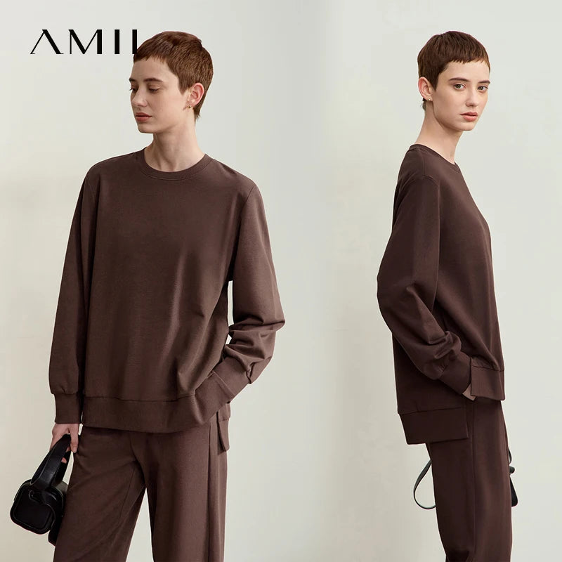 Amii Minimalism Woman Sweatshirts 2026 Autumn New O-Neck Long Sleeve Sweatshirts For Woman Loose Knit Casual Top Female 12423058