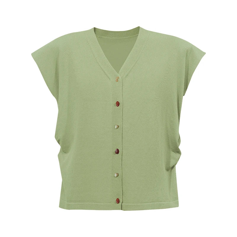 Amii Women's Cardigan 2026 Summer New Color Contrast Buttons Cap Sleeve Cropped Knit Top V Neck Casual Short Sweater 12622211