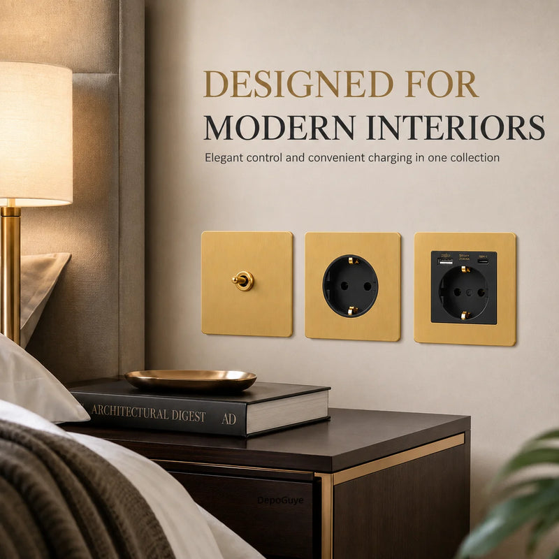 Gold Wall Light Toggle Switch Vintage Brass Lever Stainless Steel Panel,EU FR Universal USB C Socket 1-4 Gang 2Way Switch TV