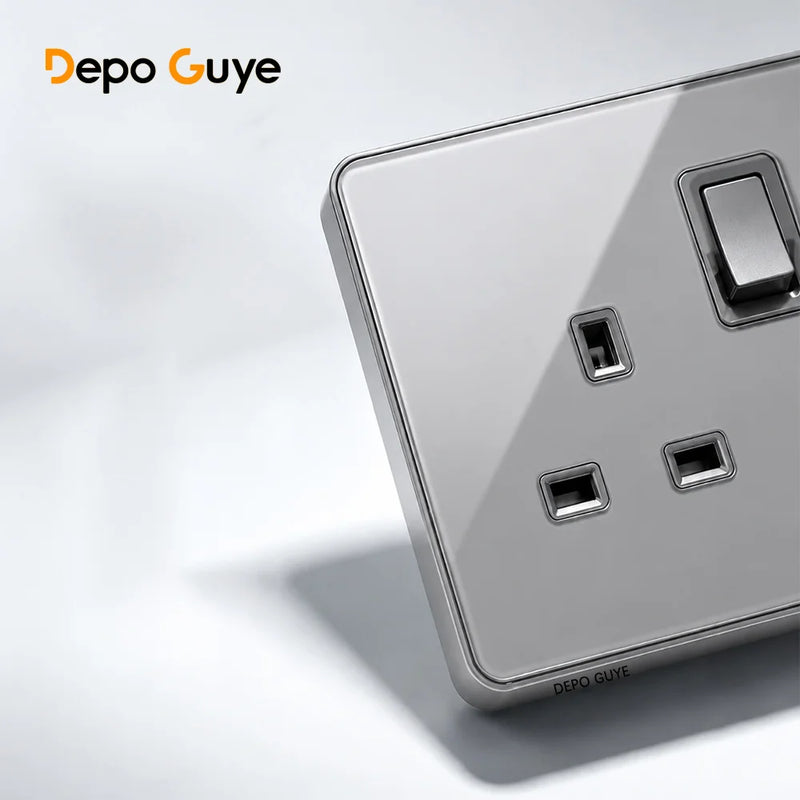Deluxe Grey Tempered Glass Panel UK 13A Plug Electrical Socket, Double 5 Pin Socket and Switch, EU Universal USB C Wall Socket