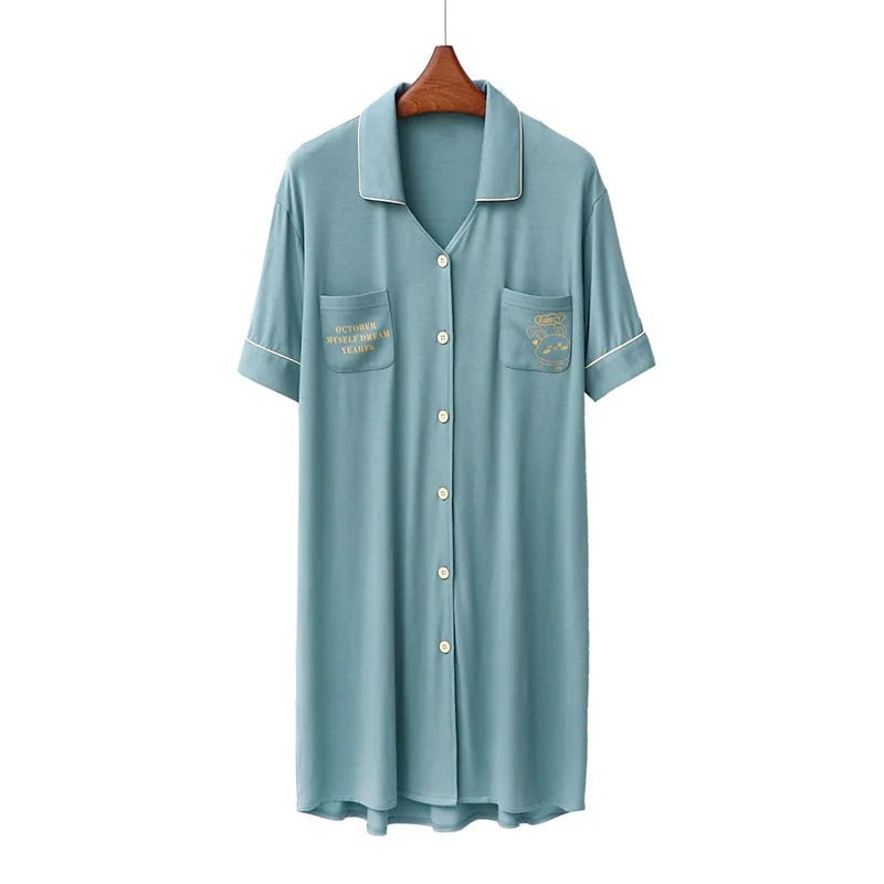 Night Wear For Ladies Cartoon Letter Print Short Sleeve Loose Casual Lapel Cardigan Home Dress Modal Summer Women's Nightgown