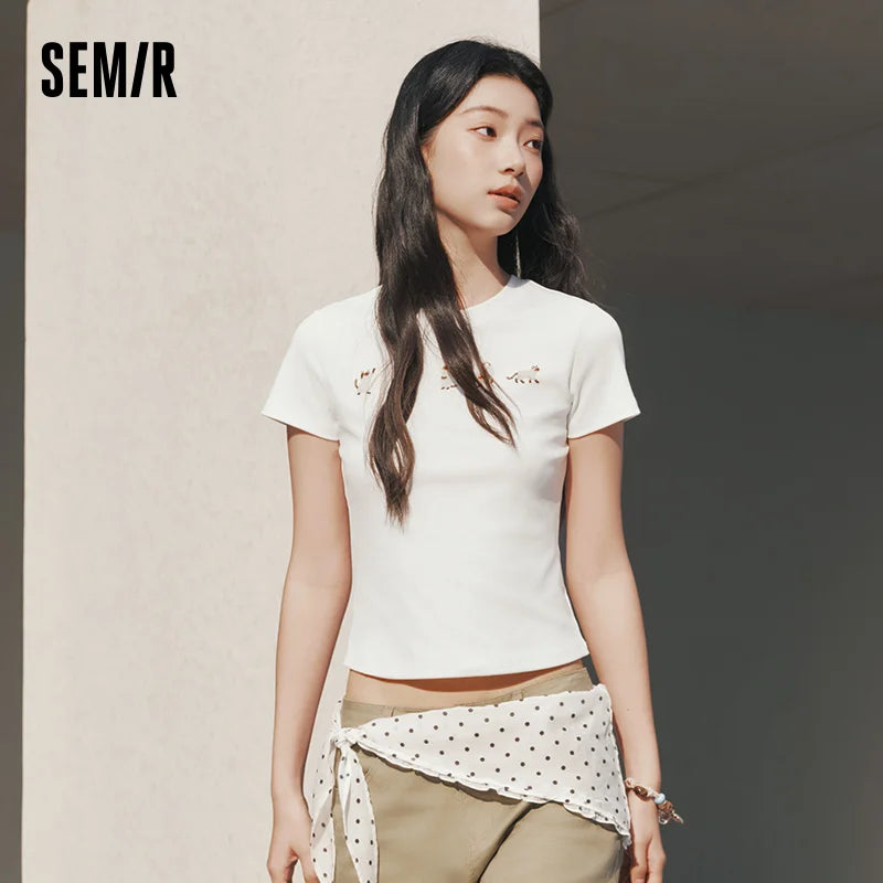 Semir Womens Tshirt 2026 Short Slim Regular Shoulder Cat Printed Cute Casual Fashion Daily Wear