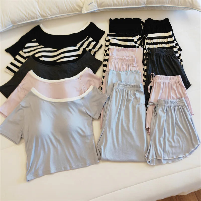 Pijamas Mujer Comfort Modal Short Sleeve Chest Pad Top Three Pieces Set Elegant Sleepwear Home Clothes Women's Pajamas Suit