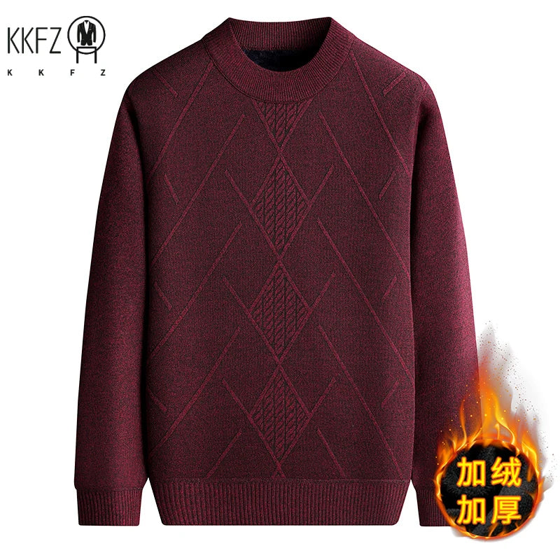 Breathable Outer Knit Men Thermal Jumper Full Plush Inner Retro Rhombus Jacquard Daily Commuting Pullover