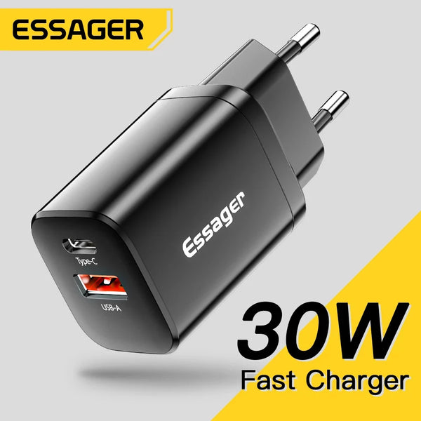ឆ្នាំងសាក Essager USB Type C លឿន 30W QC PD 3.0 អាដាប់ទ័រចល័តពីររន្ធសម្រាប់ iPhone 16 15 14 iPad Xiaomi ឆ្នាំងសាកជញ្ជាំងលឿន