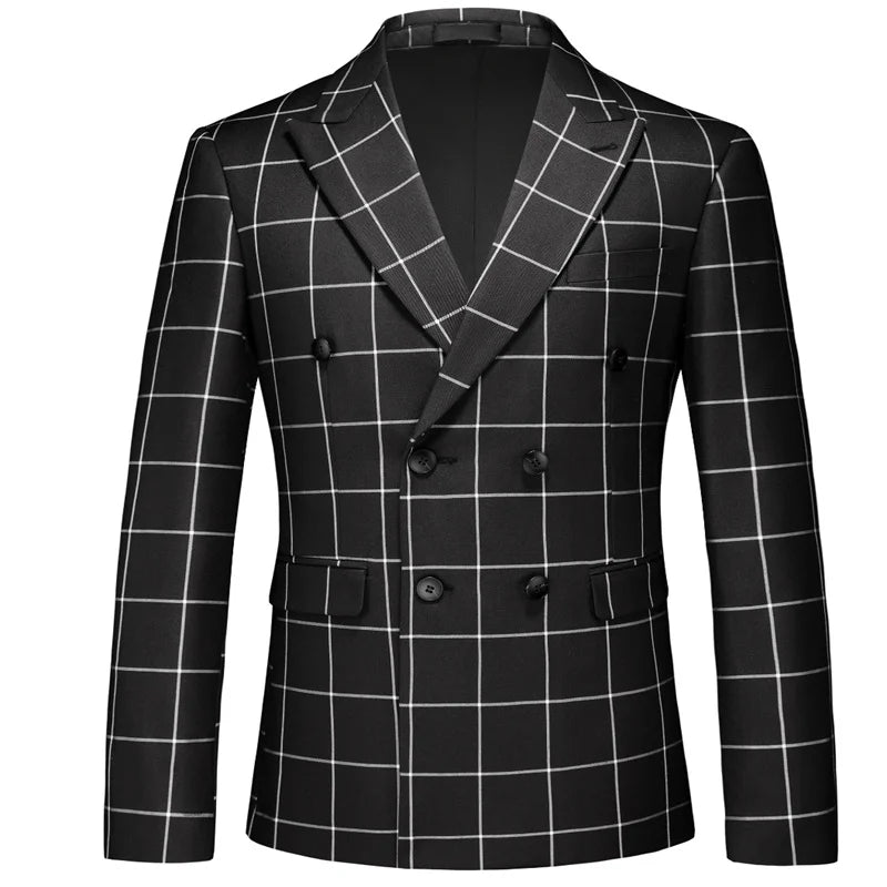 Men's Black White Plaid Long Sleeve Blazers, Fashion Slim Fit Suit Jacket, Wedding Party Tops Coat, Asian Size M6XL