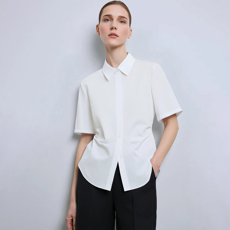 Amii Women's Shirt 2026 Summer New Lapel Collar Half Sleeve Cotton Blouse Fitted Waist Shirred Simple Solid Office Top 12622215