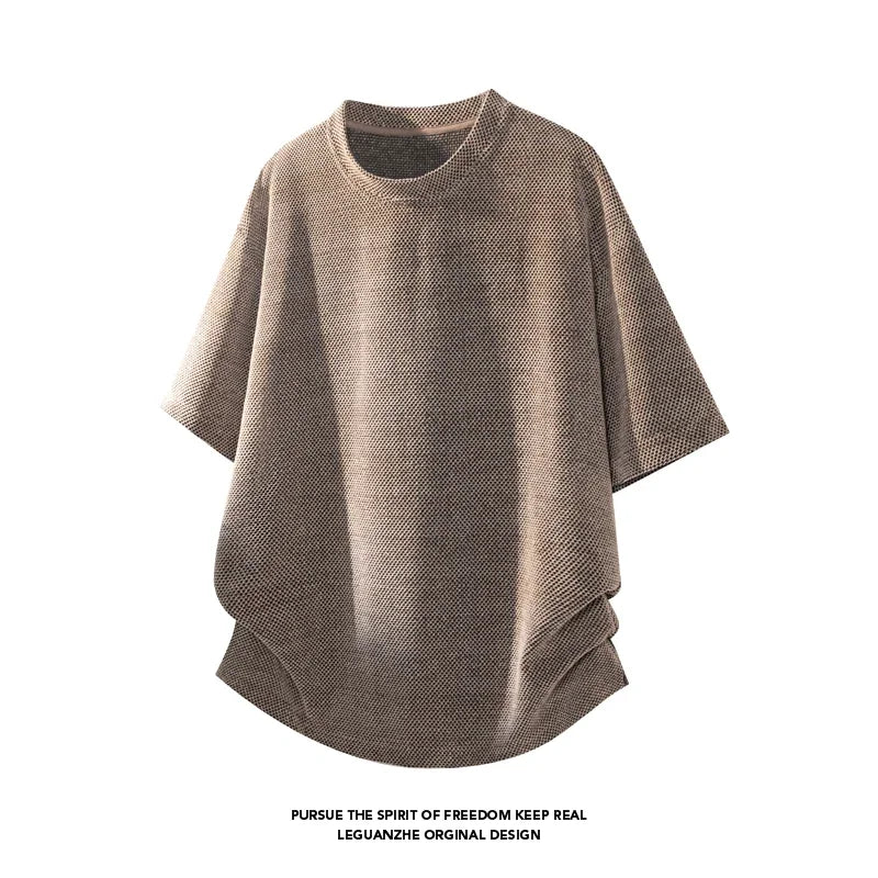 Men Crew Neck Waffle Knit Short Sleeve T Shirt Curved Hem Hemline Oversized Silhouette For Summer Street Casual Daily Wear