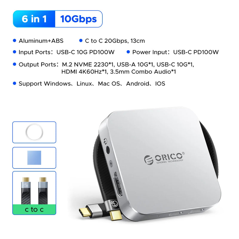 ORICO Magnetic M.2 2230 NVMe SSD Enclosure 10Gbps USB C Docking Station with 4K60HZ HDMI-COM SD/TF PD 100W Charger for iPhone 17