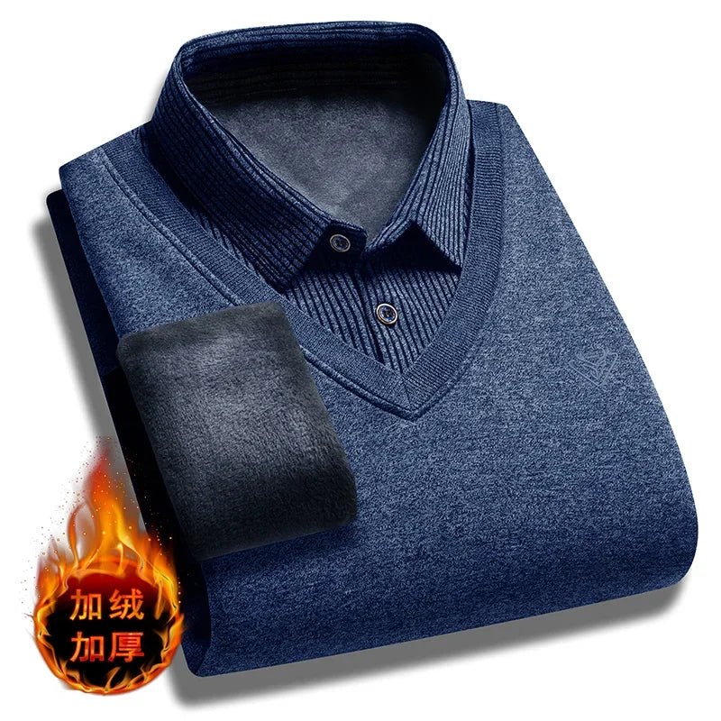 Cold Weather Mens Fake Waistcoat Sweater Soft Fleece Lining Vertical Striped Long Sleeve Collared Knit Workplace Inner Shirt