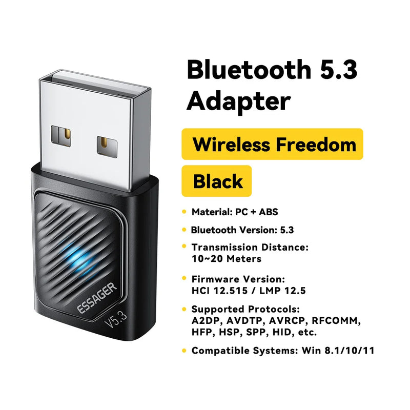 Essager USB Bluetooth 5.4 5.3 Dongle Adapter for PC Bluetooth Receiver & Transmitter for Bluetooth Keyboard/Mouse Drive Free 20M