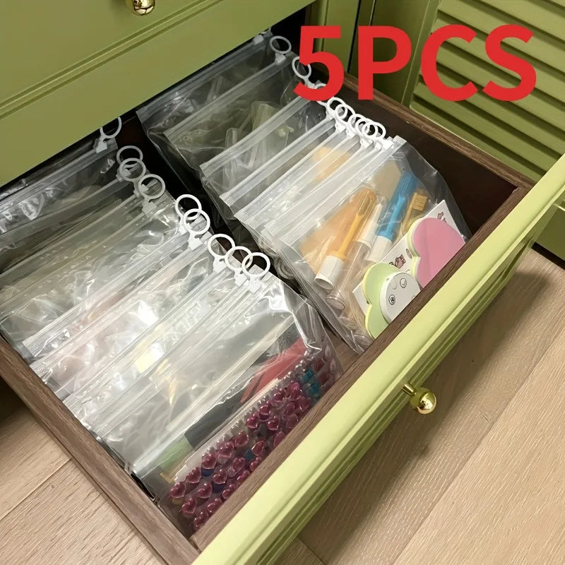 5pcs Transparent Rectangular Plastic Zipper Bags with Pull Rings, Pouches for Organizing Socks, Underwear, for Home, Moving.
