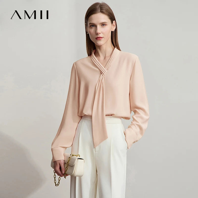អាវ Amii Minimalist Chiffon សម្រាប់ស្ត្រី អាវតូច ក V ដៃវែង រចនាប័ទ្មធ្វើដំណើរ អាវធំត្រង់រាងបំពង់ 12511095