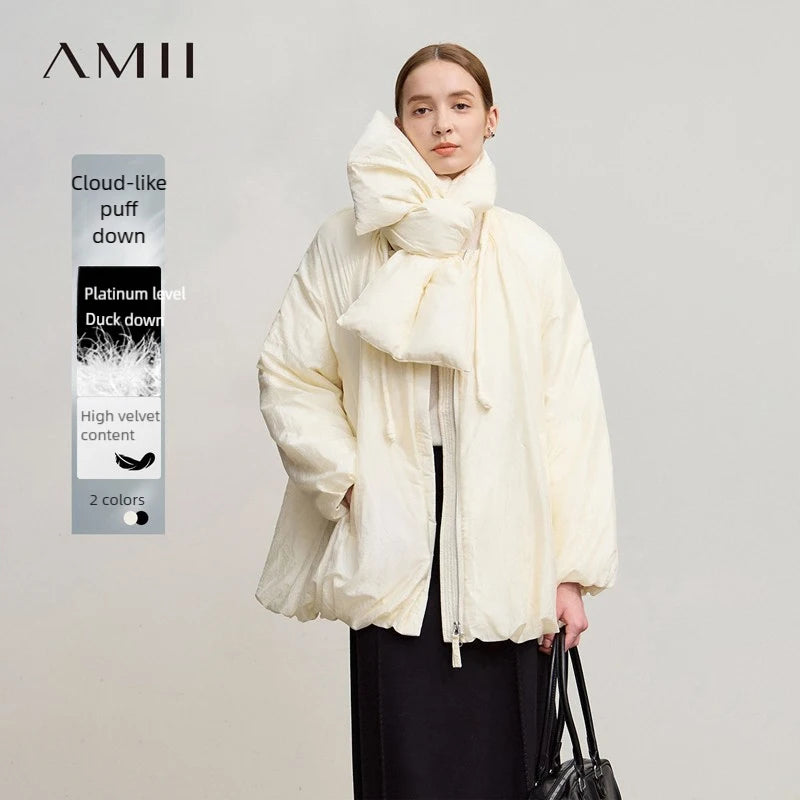 AMII Down Coats 2026 Winter New Warm Casual O-Neck Long Sleeves Solid Color Down Jackets Woman Zipper Loose Jacket Top 12554030