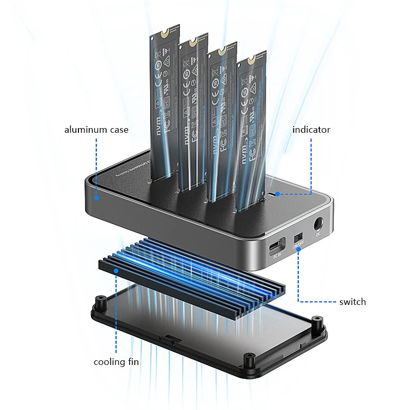 ស្ថានីយ ចត SSD ទំហំ 4 ច្រក Blueendless ប្រភេទ C USB3.1 10Gbps M2 NVMe PCIe SATA NGFF ស្រោម SSD អាលុយមីញ៉ូម